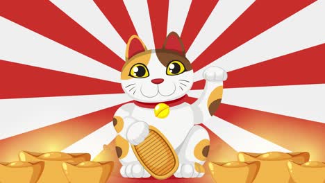 animated maneki-neko beckoning with gold coins