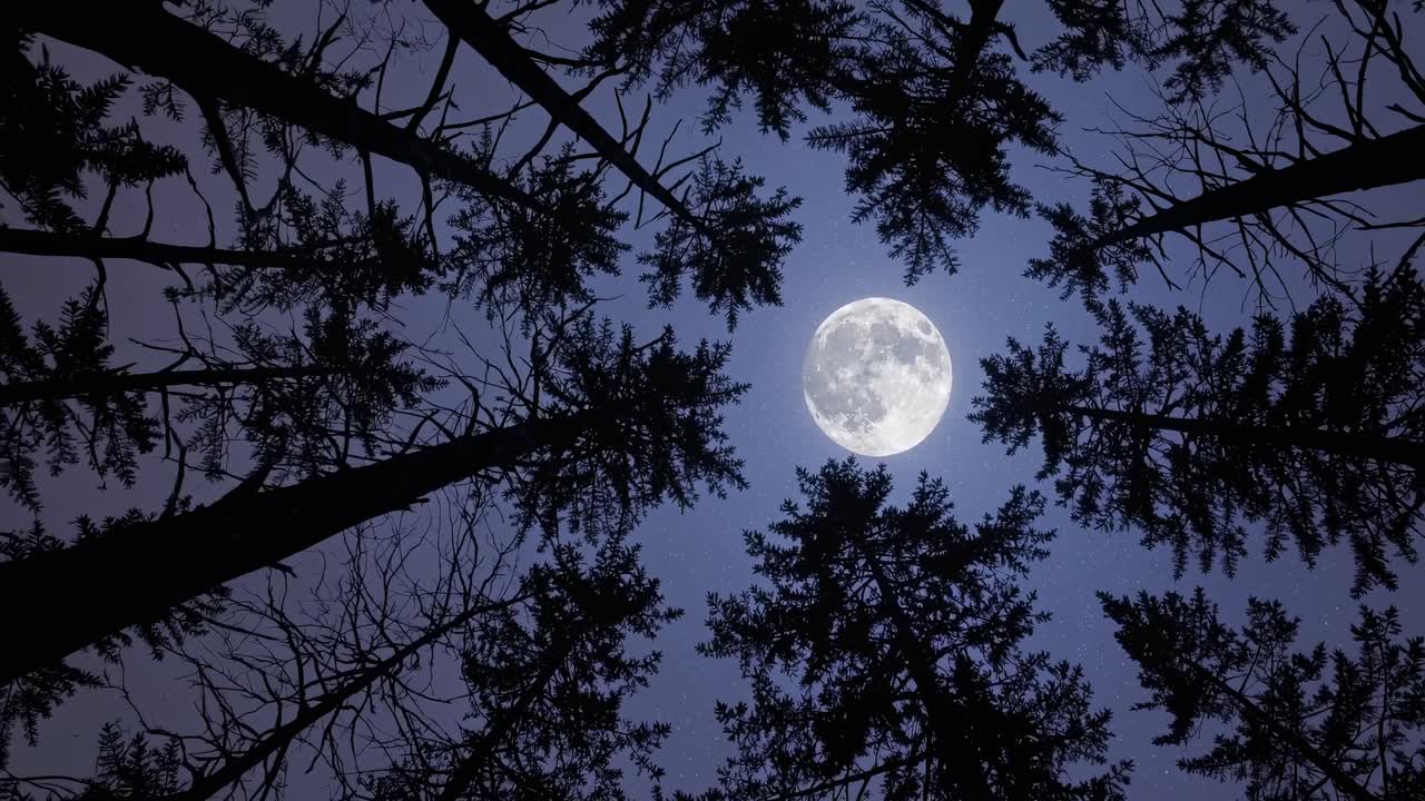 Un’accattivante angolazione della camera dal basso cattura una luna piena incorniciata da alberi alti, creando un’atmosfera serena