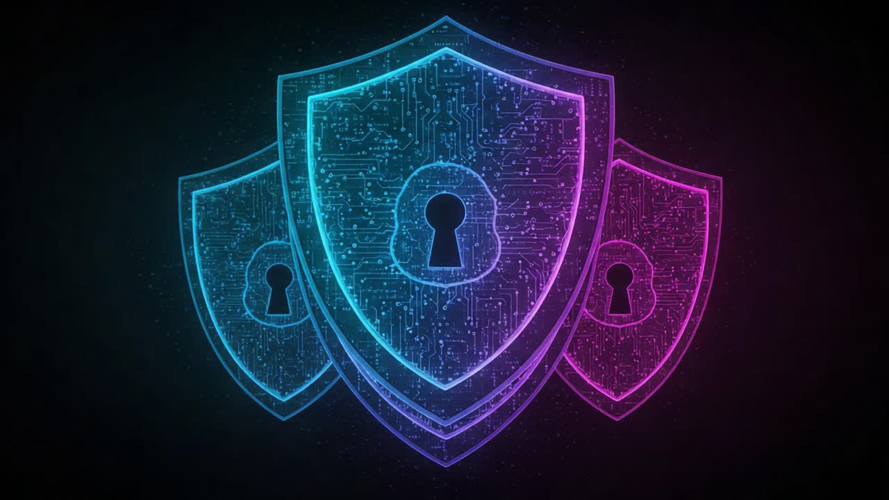 A Visual Representation of Digital Security: A Series of Shield Icons with Circuit Patterns and Keyholes Symbolizing Advanced Cyber Protection and Data Privacy