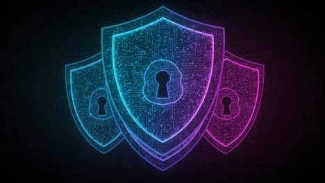 a visual representation of digital security: a series of shield icons with circuit patterns and keyholes symbolizing advanced cyber protection and data privacy
