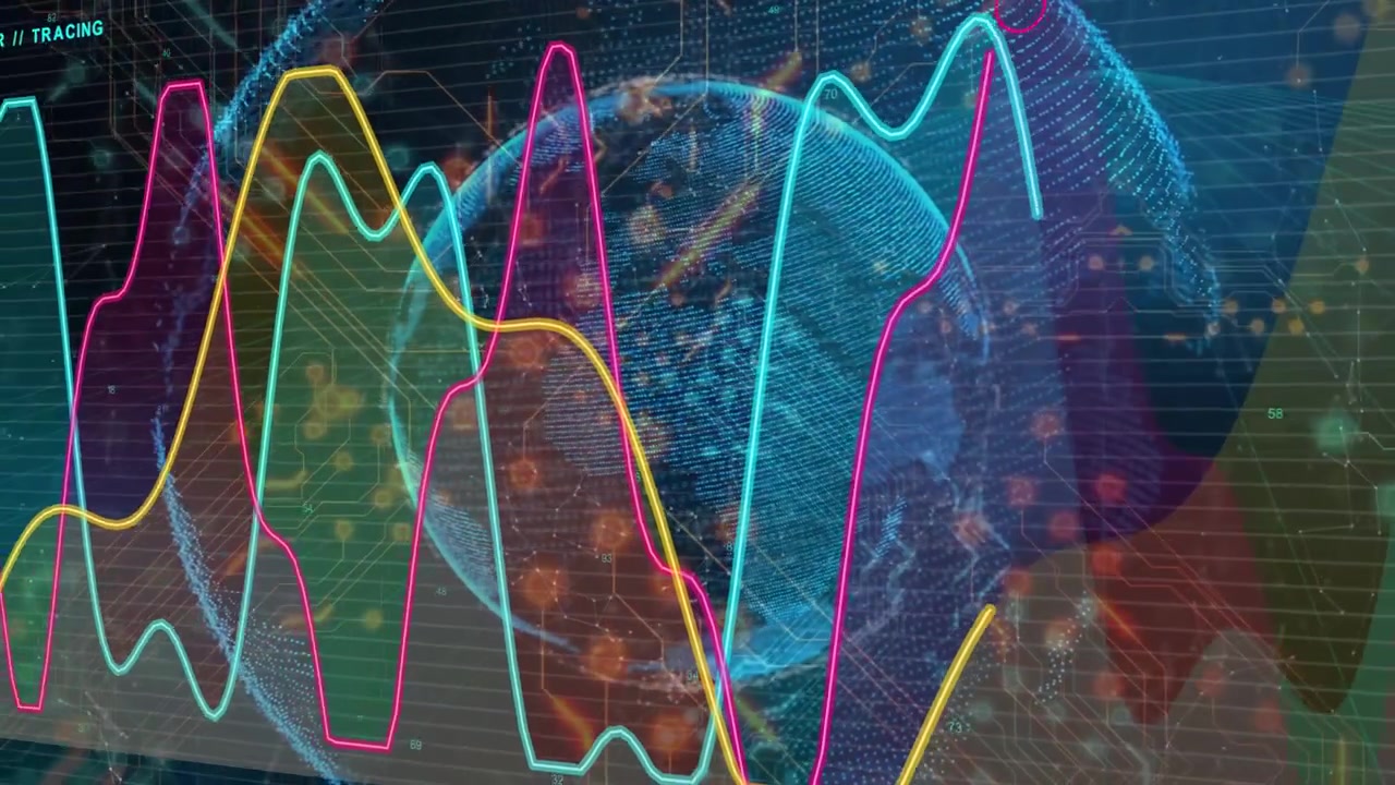 Globo olografico rotante che pulsa all'avvio ed emette forme d'onda al neon che si propagano, visualizzando dati.