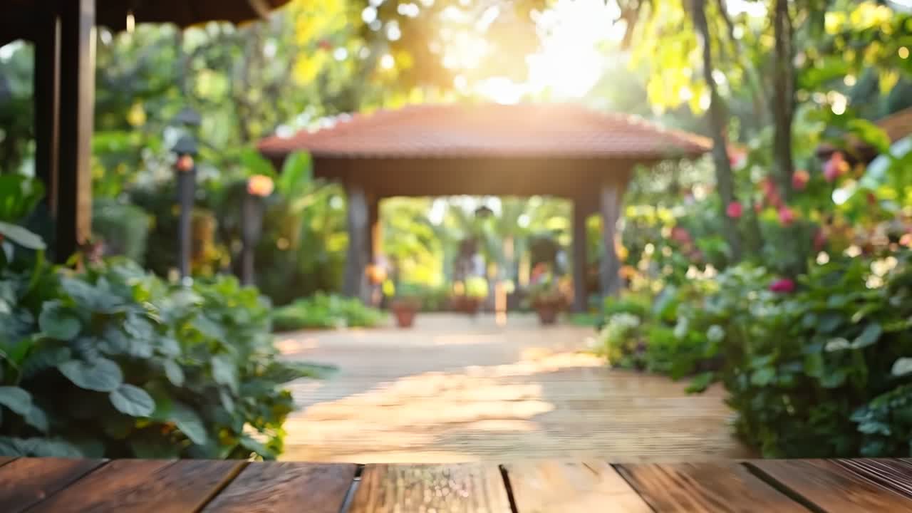 열대 정원 에 있는 가제보 앞 에 있는 나무 의 테이블