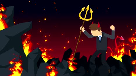 el diablo de dibujos animados volando en el infierno. personaje de negocios en el desierto ardiente. halloween. cosplay. animación aterradora de bucle.