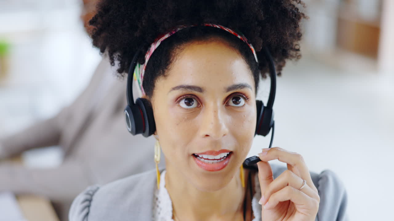 Business woman, face and consulting in call center