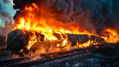 un vagón de tren en llamas en una vía de tren