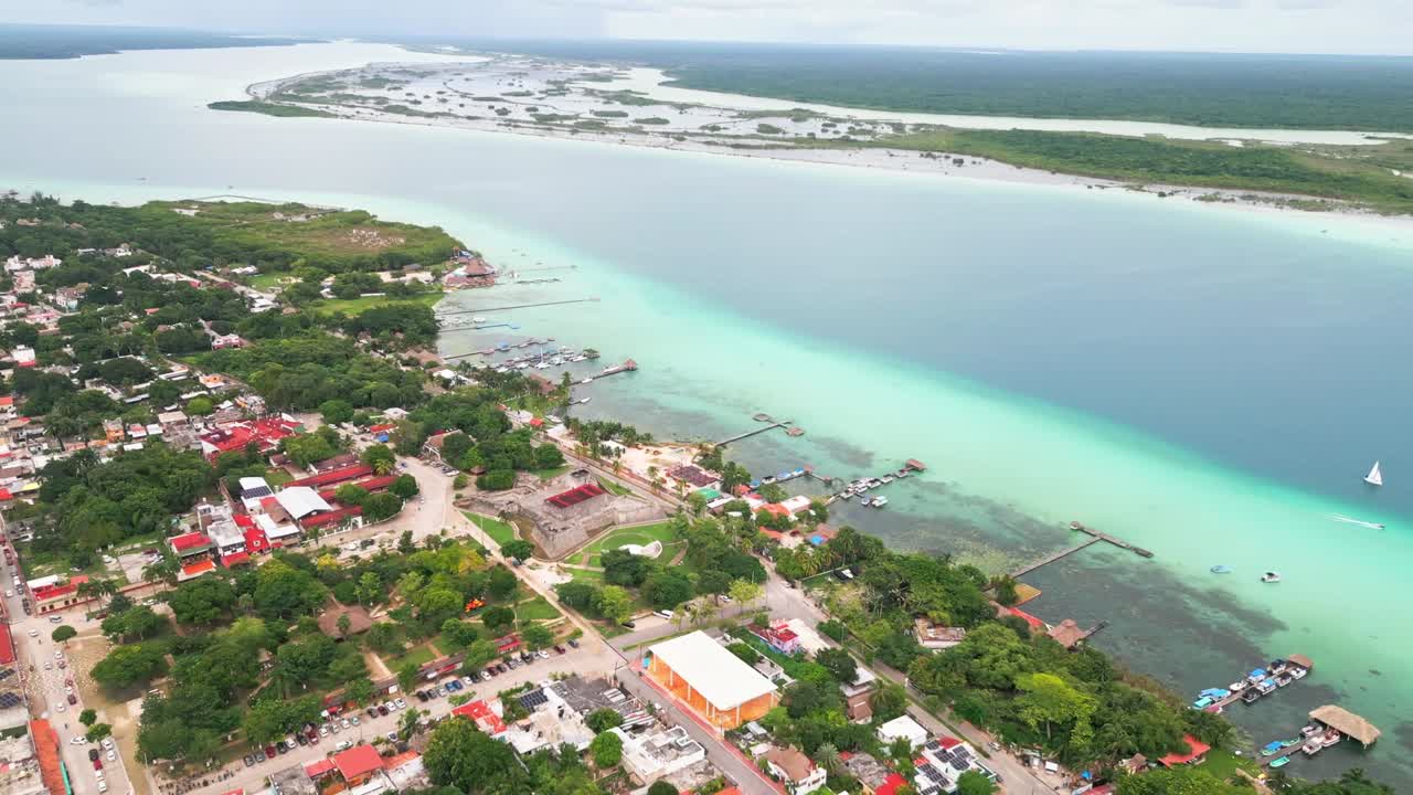 Bacalar Town Buildings, Tropical Coastline, Picturesque Resort, Aerial