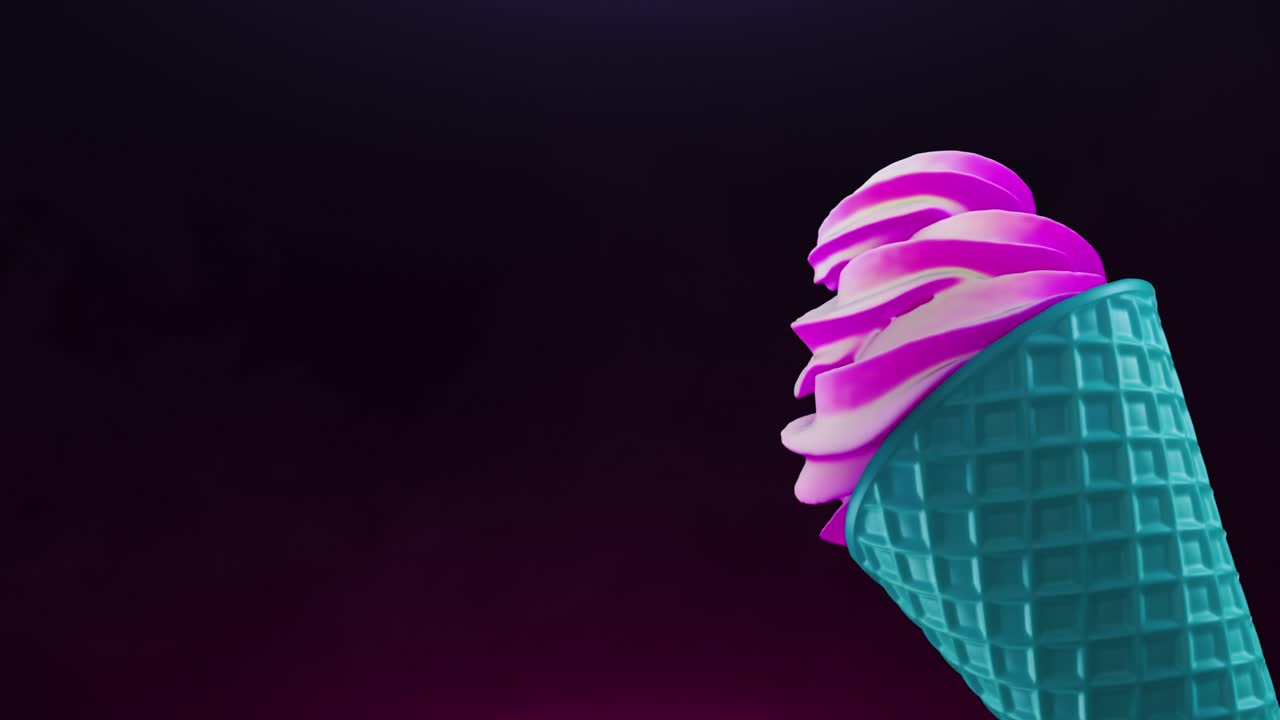 animación de relleno de cono de waffle de helado de color rosa turquesa en un fondo oscuro