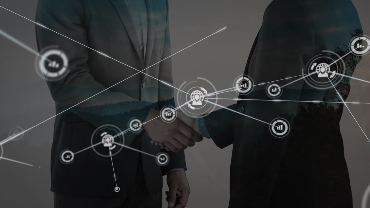 Animazione di una rete di connessioni con icone sopra la parte centrale di professionisti che si stringono la mano.