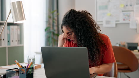 business woman, headache and tired on computer