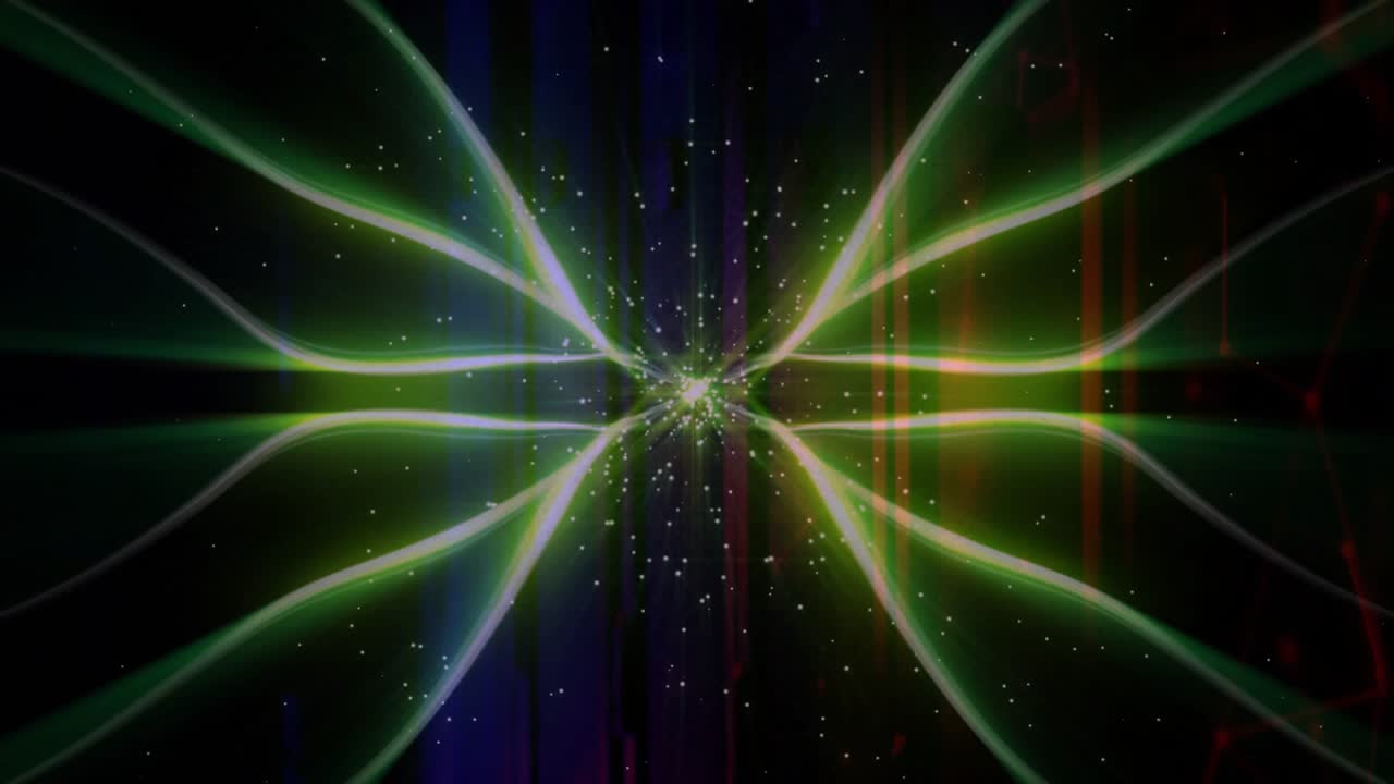 Central core pulsing, starting green ribbons waving and specks dispersing, visualizing symmetry