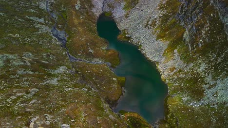 Aerial-descending-view-over-mountain-Lake-Naret-in-Switzerland-in-summer-season