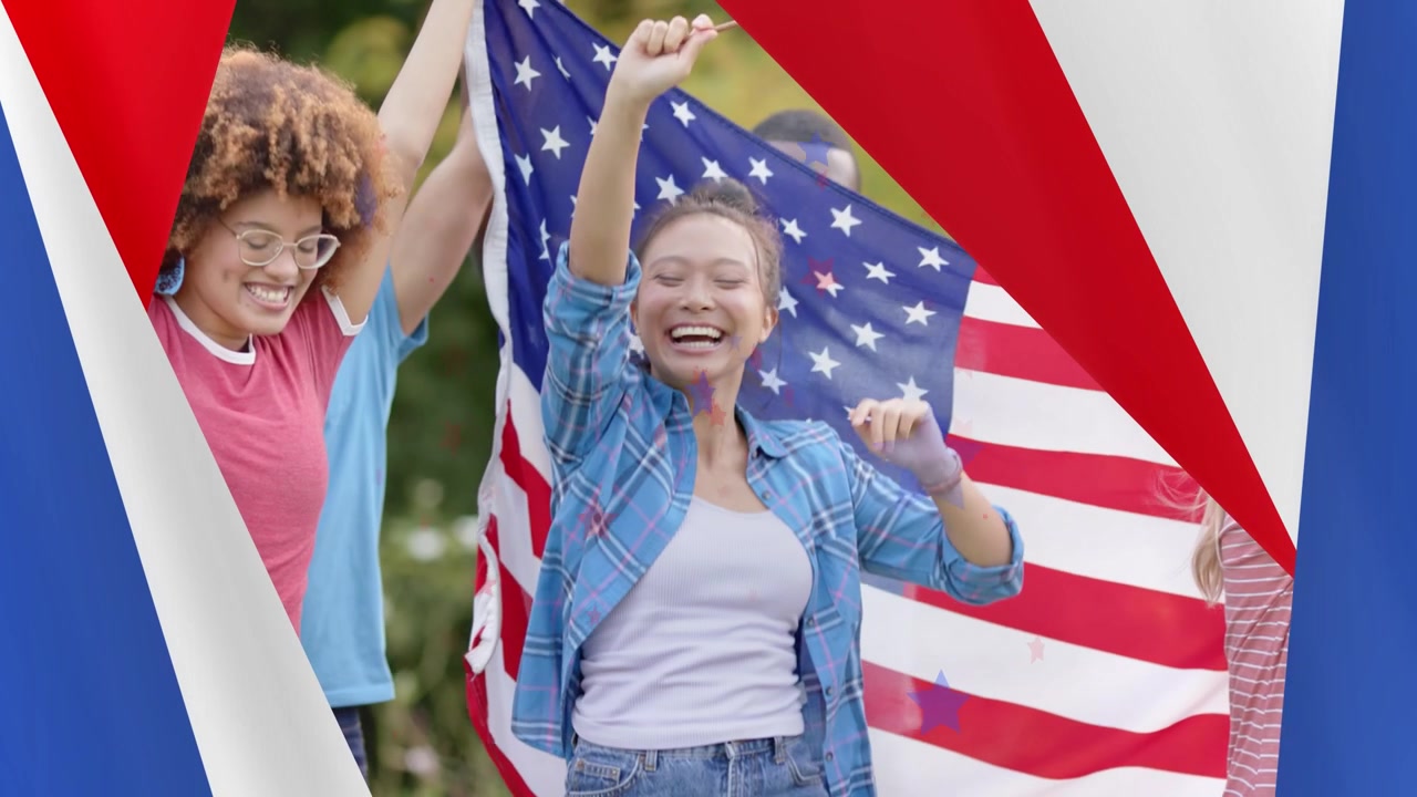 Diverse Group of People Celebrating with American Flags
