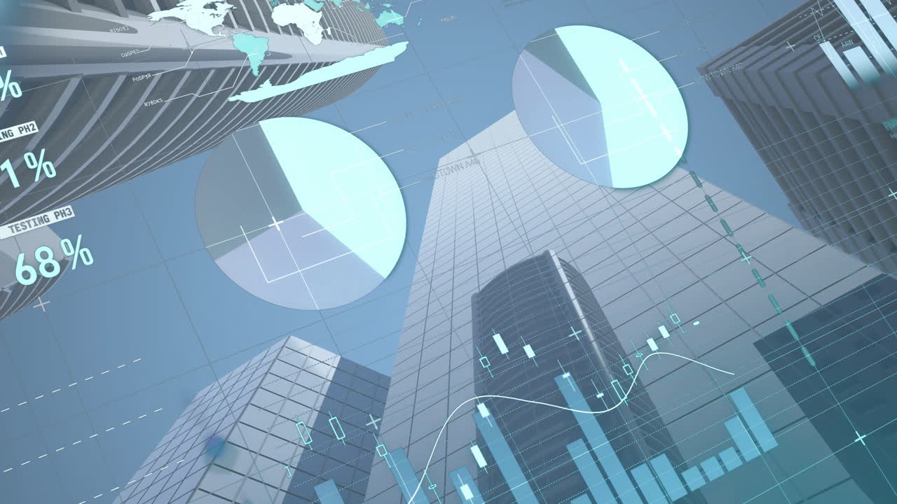 현대적인 사무실 건물에서 금융 데이터 처리의 애니메이션