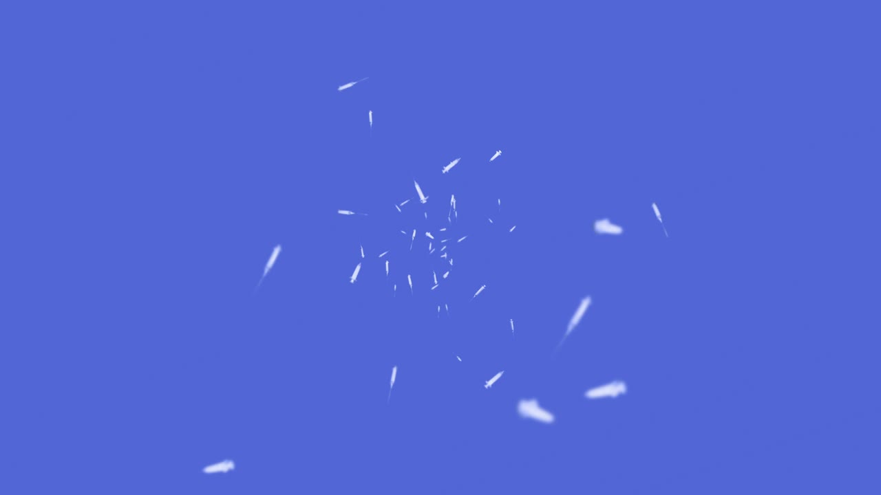 파란색 배경에 주사 할 수 있는 많은 주사기를 날리는 의료 개념 바이러스에 대한 백신 의료 치료 3d 루프 애니메이션