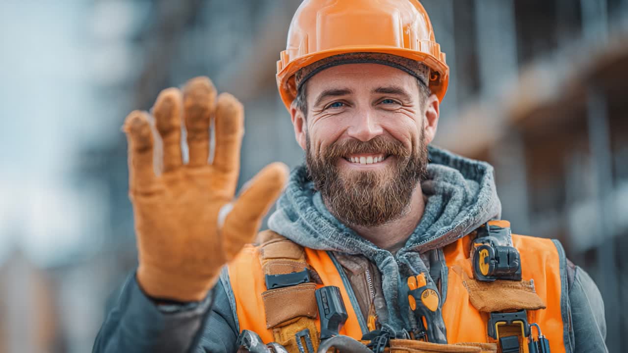 Friendly Construction Worker Waving Hello with Safety Gear and Orange Hard Hat on a Building Site