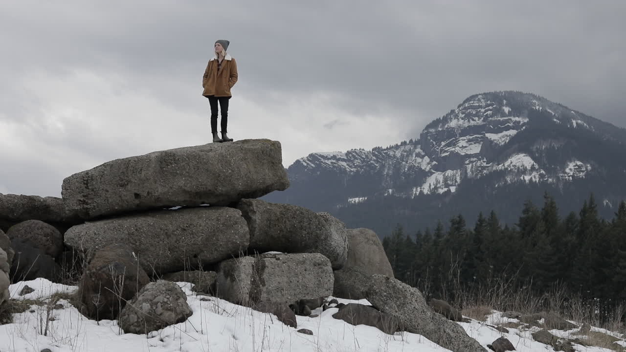 A girl stands on boulders with snowy mountains around her.