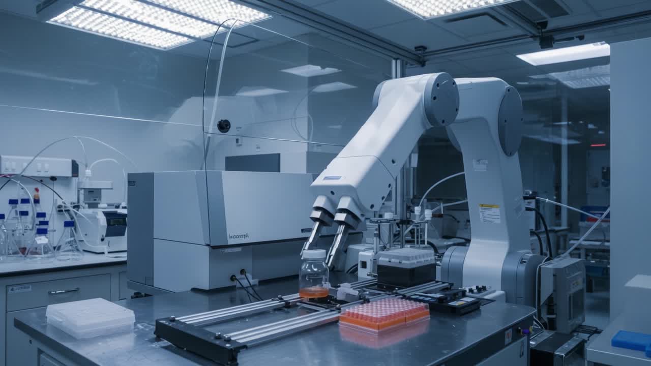 Advanced Laboratory Automation: A Robotic Arm Managing Liquid Samples in a High-Tech Biochemistry Lab Setting