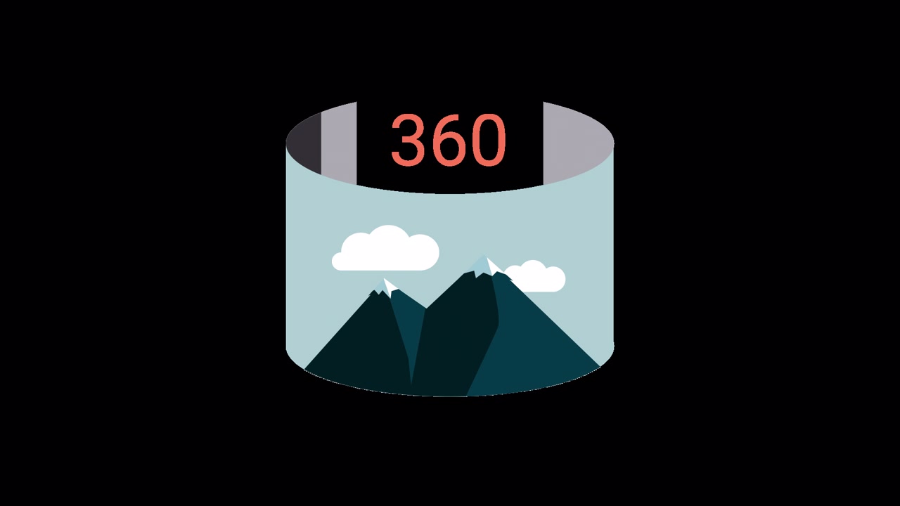 Animoidun 360 asteen panoraamanäkymäkuvakkeen vuoristomaisemalla