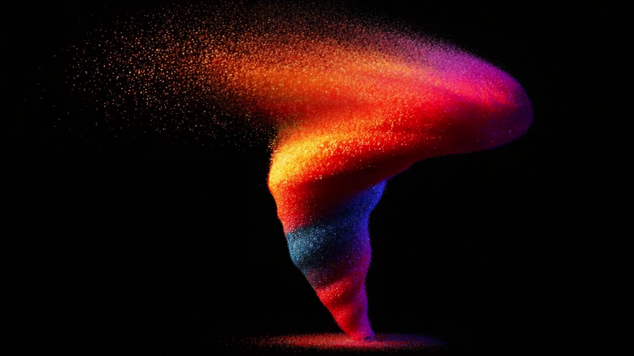 A Vibrant Spiral of Colorful Particles Captured in Dynamic Motion Against a Dark Background, Showcasing a Beautiful Twist of Bright Hues and Fluid Forms in Artistic Display