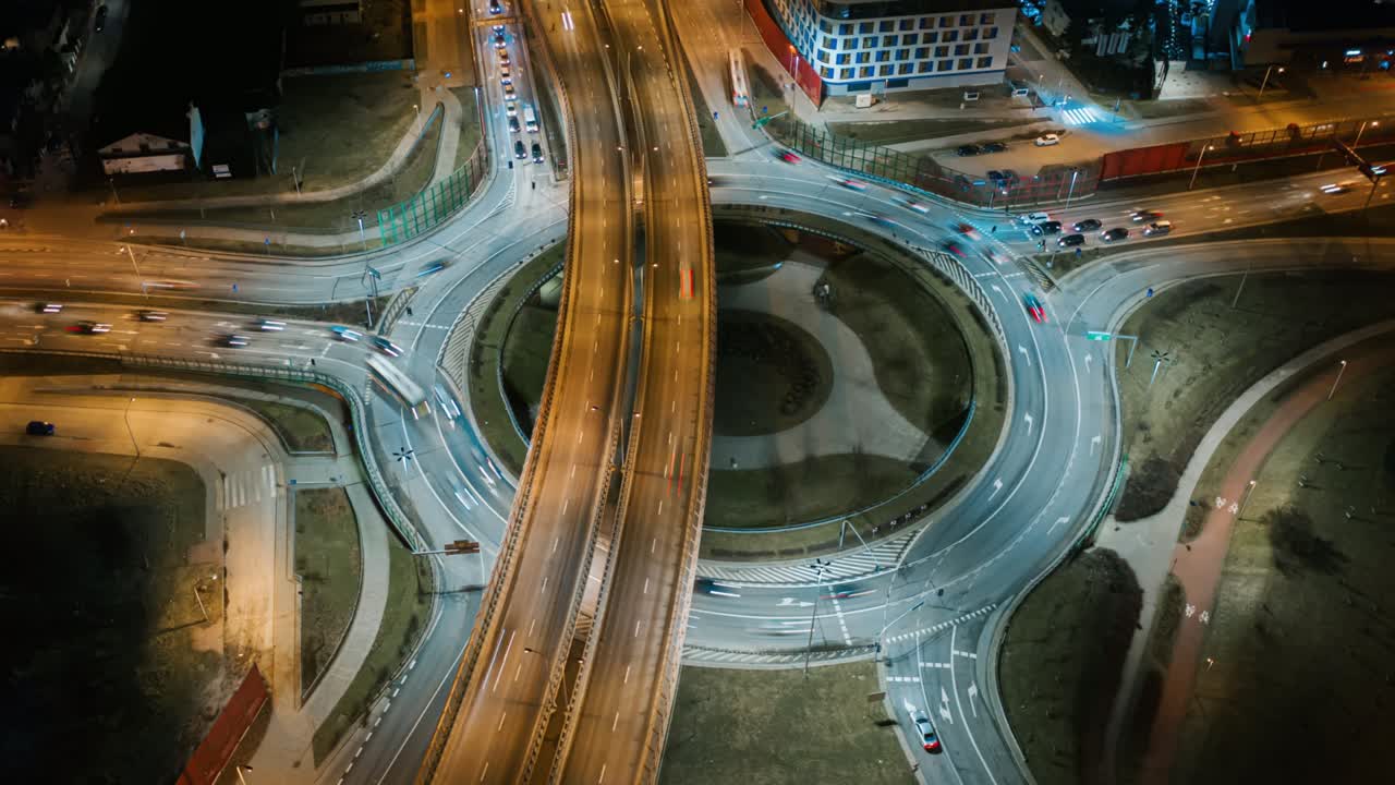 Aerial drone time lapse car traffic jam roundabout circle interchange road at night, top view junction highway intersection in evening. Timelapse cars driving busy junction crossroad fast motion