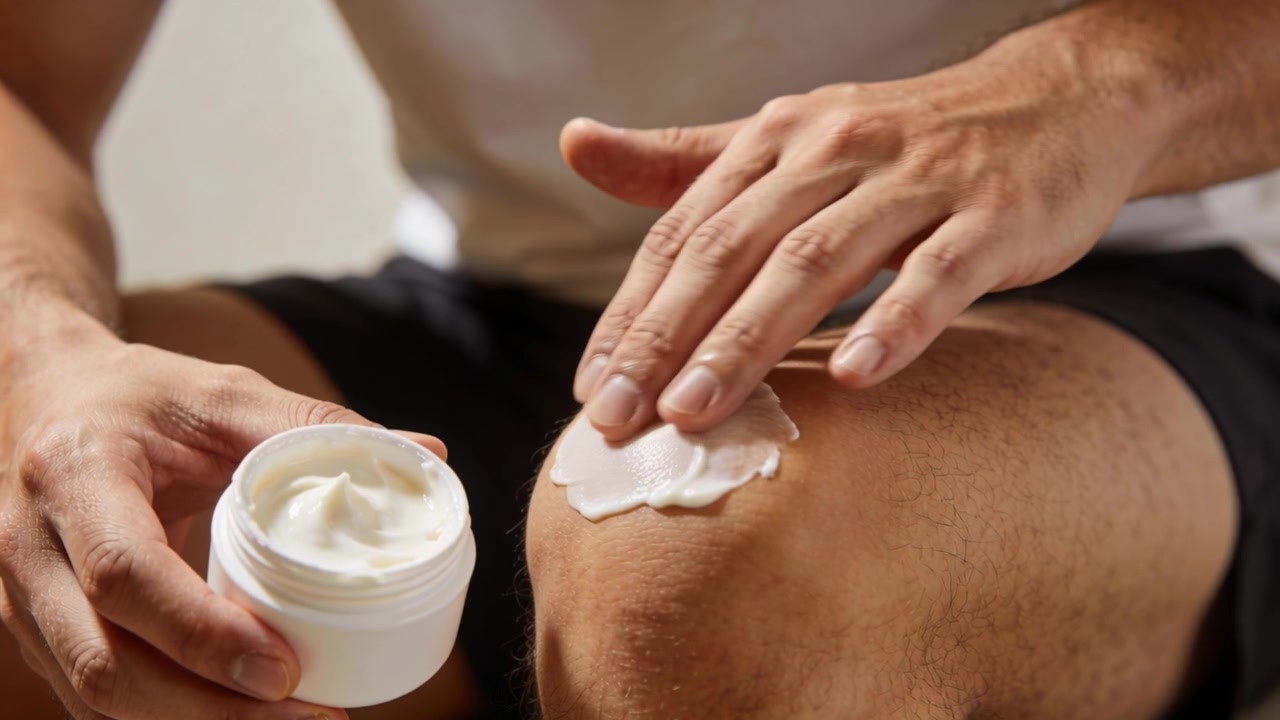Hombre con camiseta sin mangas sumergiendo dedos en frasco, aplicando crema y masajeando rodilla derecha en casa