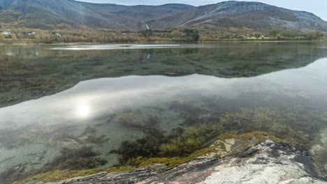 Bei-Ebbe-Wird-Der-Sandige-Fjordboden-Freigelegt,-Der-Mit-Seegras-Bedeckt-Ist