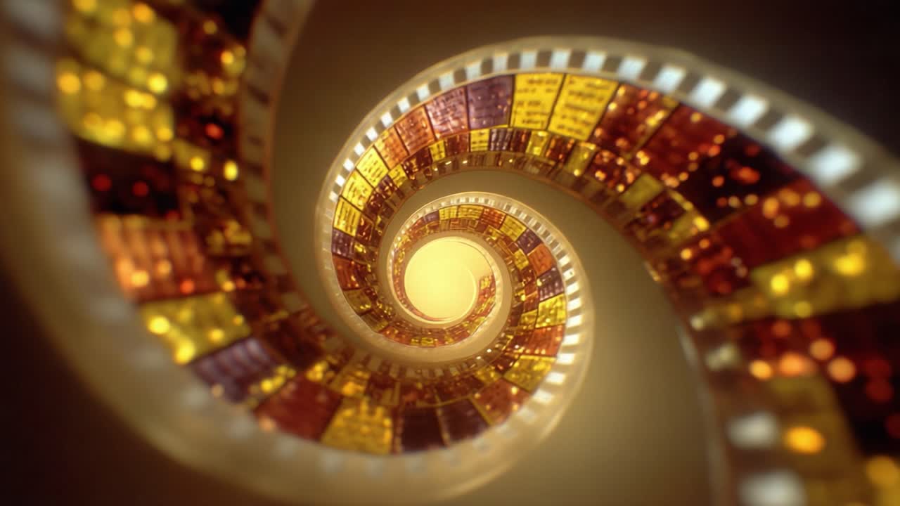 A Stunning Visual Journey Through a Spiral of Film Reels Highlighting Textures and Vibrant Colors Set Against a Soft Glowing Background