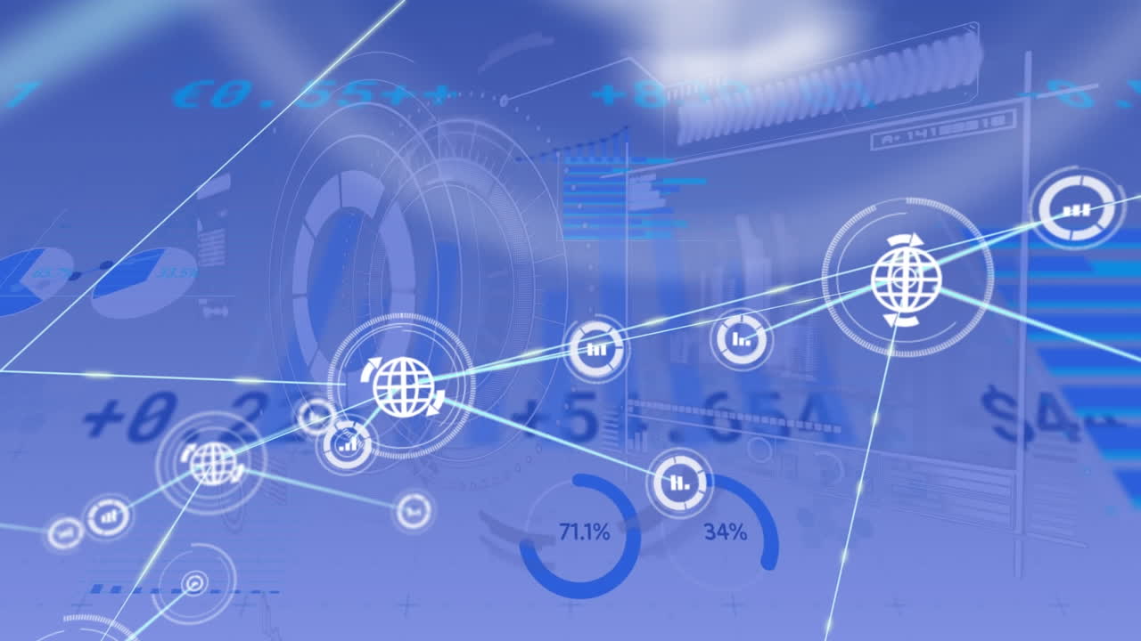 디지털 아이콘 네트워크의 애니메이션과 파란색 배경에 대한 데이터 처리 인터페이스