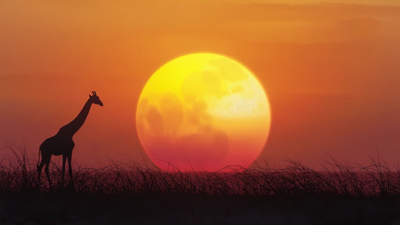 Stepping on savannah plain toward lowering sun, giraffe silhouette watching dusk