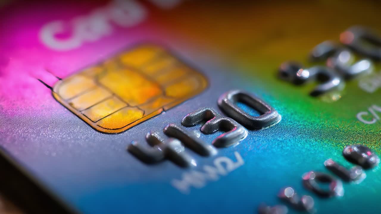Close-up Visual of a Colorful Credit Card Featuring a Microchip and Number Sequence, Emphasizing the Intricate Design Elements and Textures of Modern Payment Methods