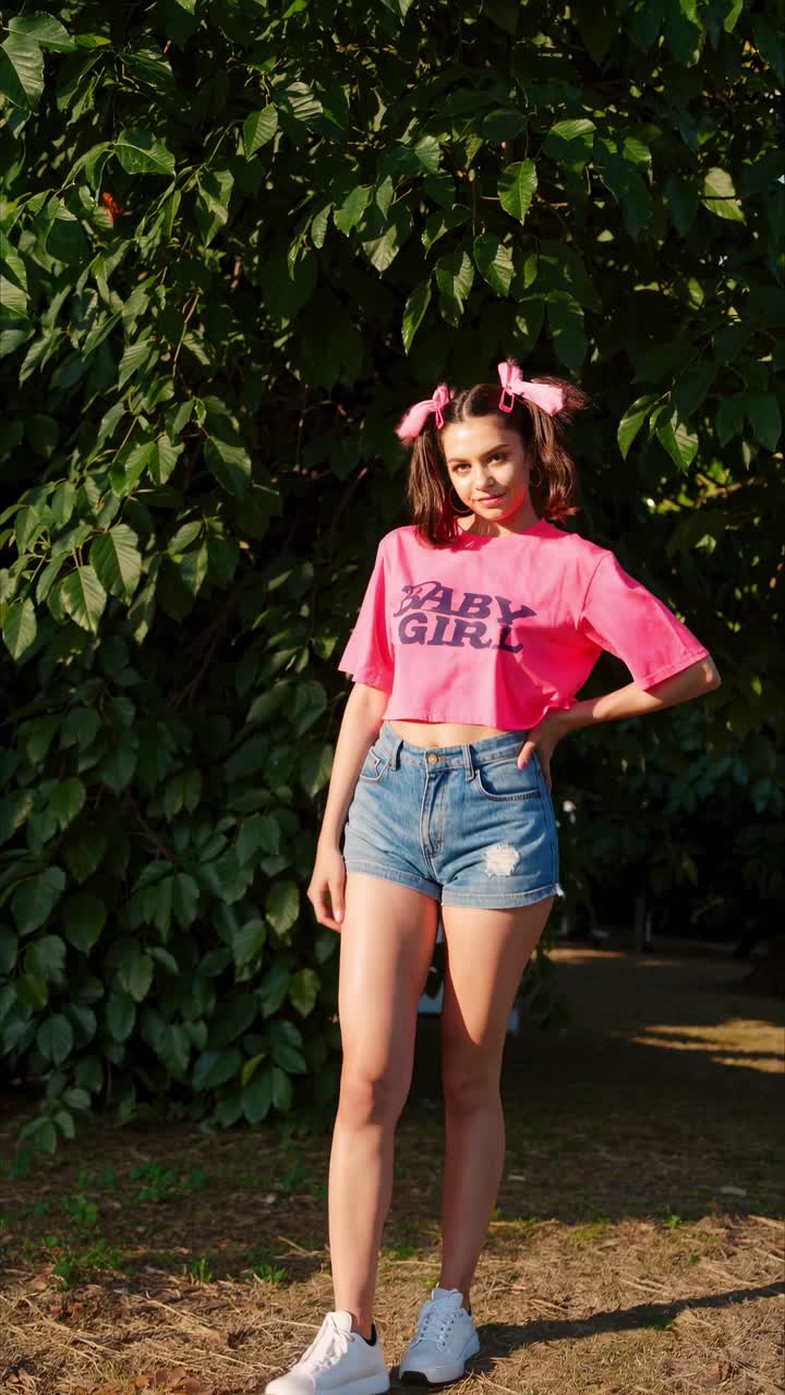 Stylish young woman with pigtails, wearing a pink cropped t shirt and denim shorts, posing confidently in a park with lush green foliage in the background, enjoying the summer atmosphere