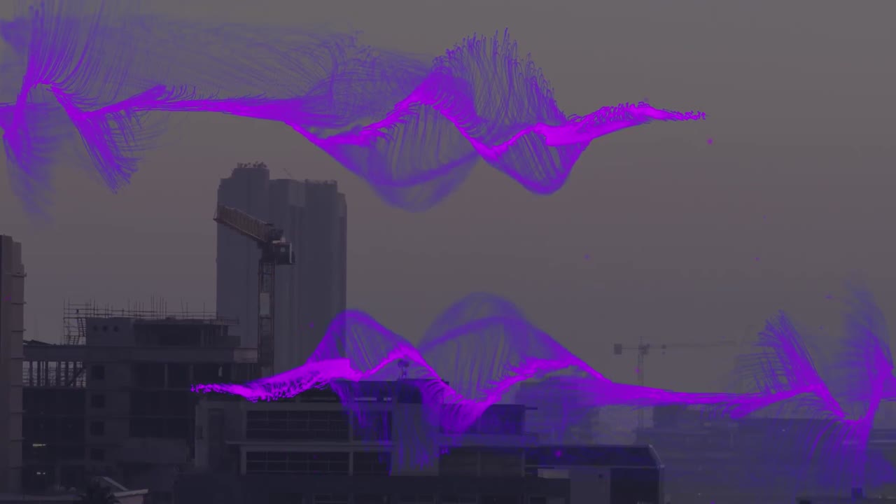 Animation of purple wave over cityscape