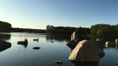 Rocas-En-El-Parque-Hosu-Al-Atardecer,-Janghang-dong,-Ilsan-gu,-Goyang-si,-Gyeonggi-do,-Corea-Del-Sur