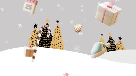 calendario con 25 texto, regalos de bolas de navidad y bastones de caramelo sobre escena de invierno con nieve y árboles