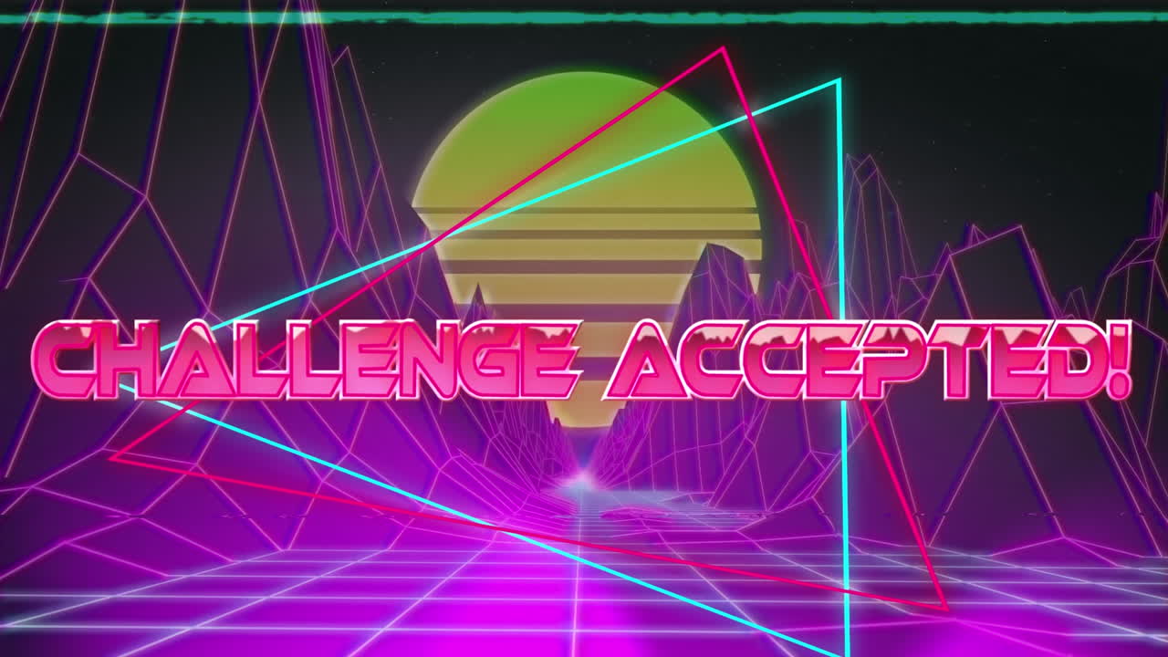 금속색 분홍색 글자로 쓰여진 " 도전 수락 "이라는 단어의 애니메이션