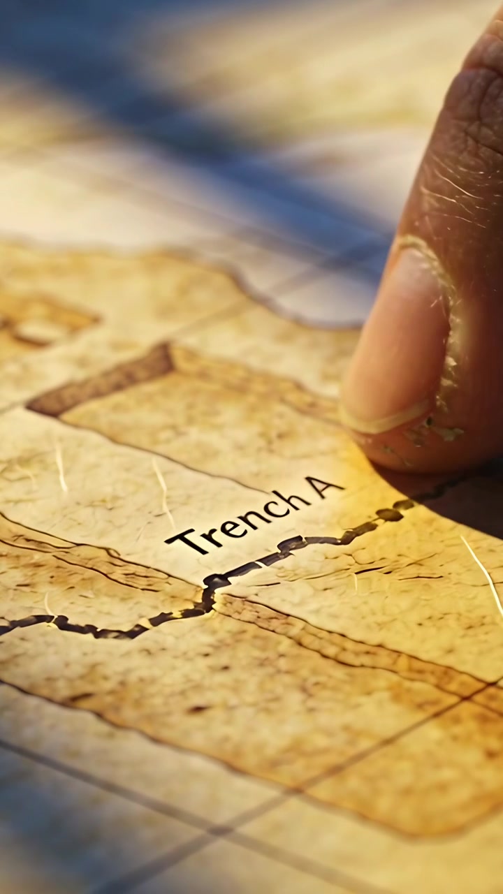 Vertical video: Sliding finger prompted by label Trench, tracing jagged trench line on map, shadows