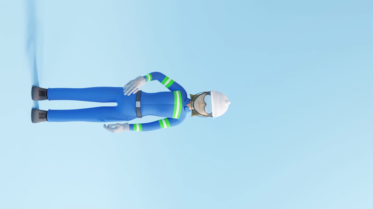 여성 건설 노동자가 밝은 파란색 블랙그라운드에 손을 흔들고 있는 3d 애니메이션