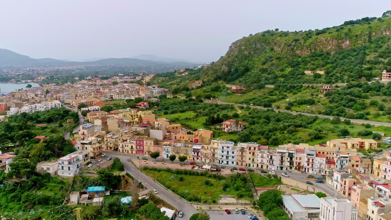 Aerial view over picturesque seafront marina village, Santa Flavia, Sicily