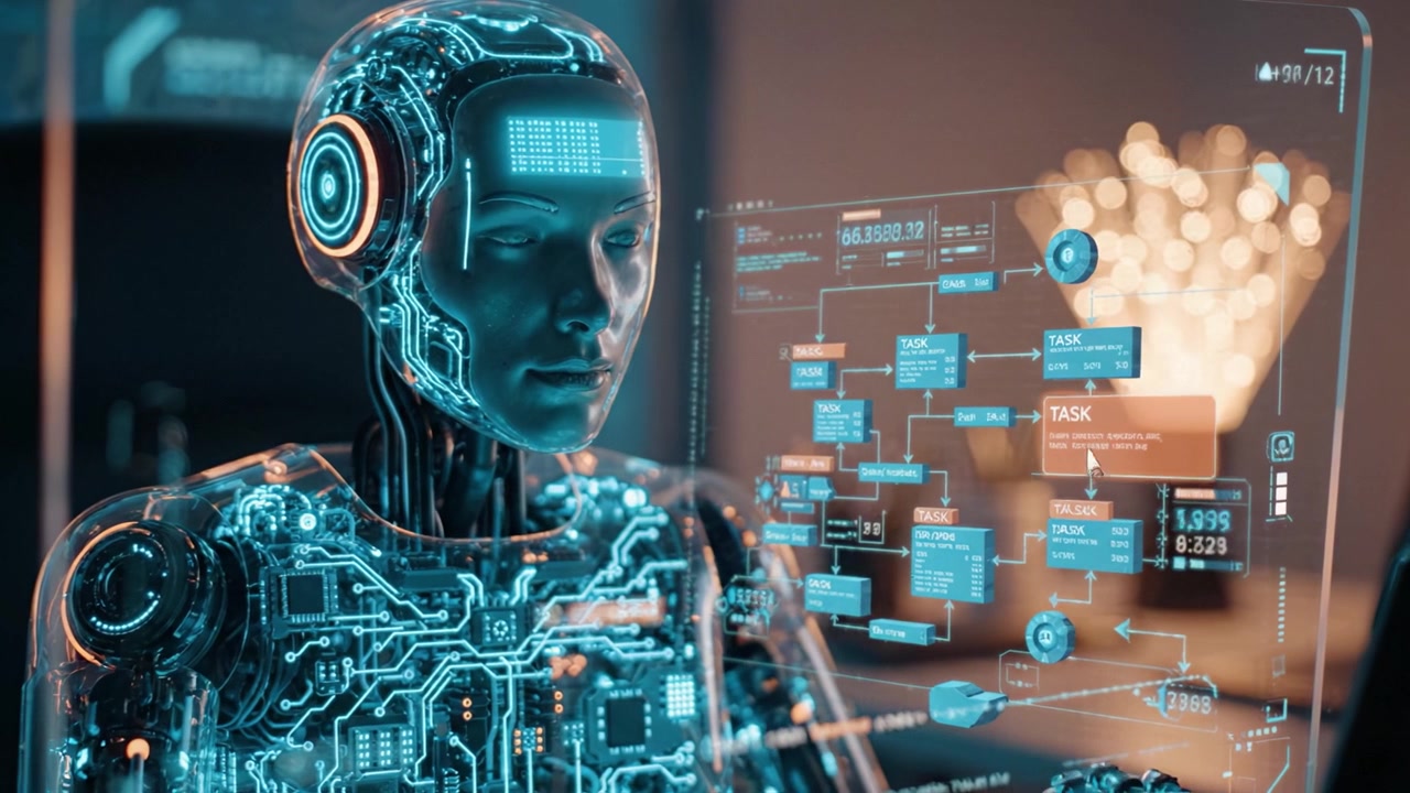 A Futuristic Robot Analyzing Data with Advanced Technology, Showcasing Digital Interfaces and Complex Systems in a Modern Workspace Environment