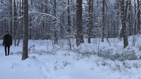 man with black clothing walking towards the viewer or the camera in a winter white fluffy snow covered forest during cloudy day. trees, foliage and ground is covered with thick white snow, slow motion