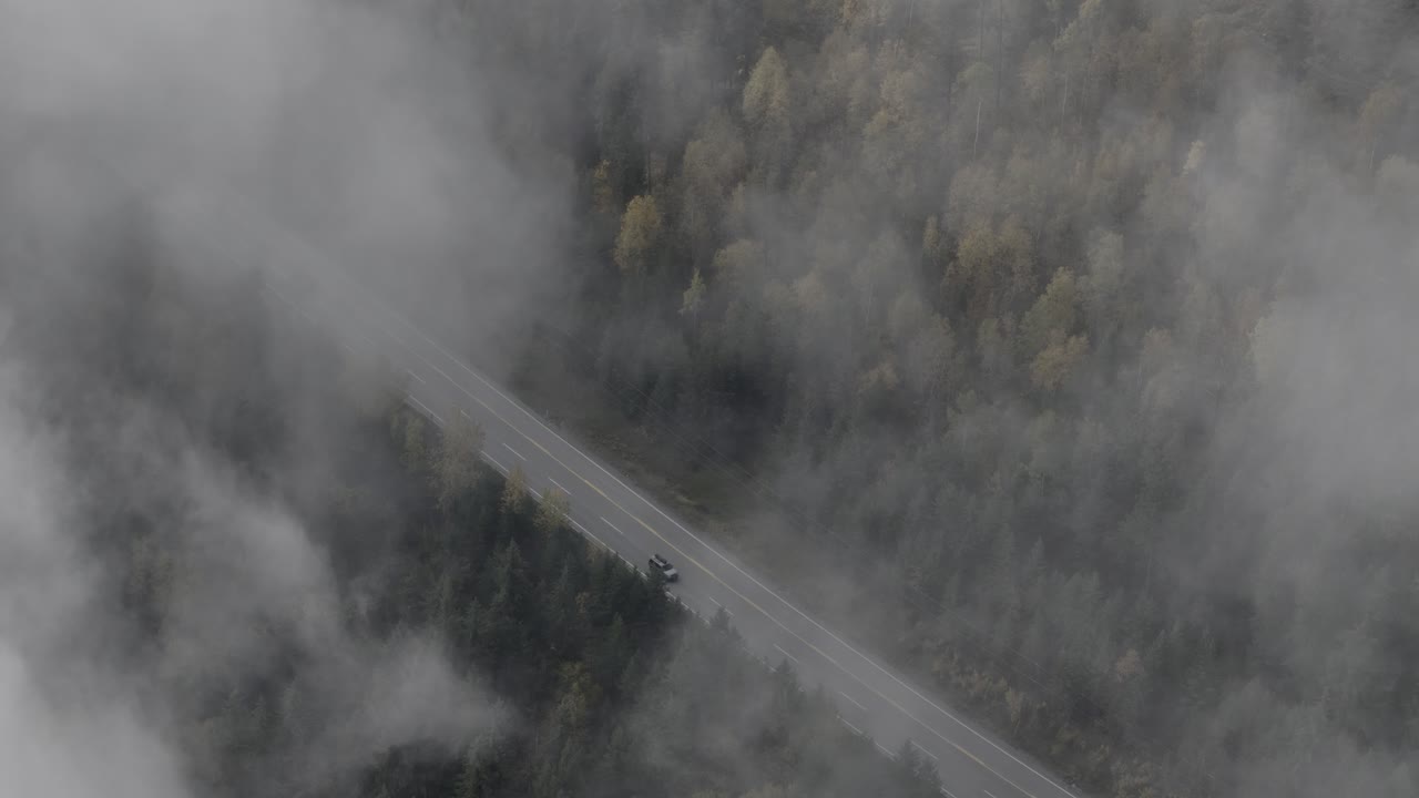 Bird's Eye View of Foggy Highway 24 near Little Fort in Fall