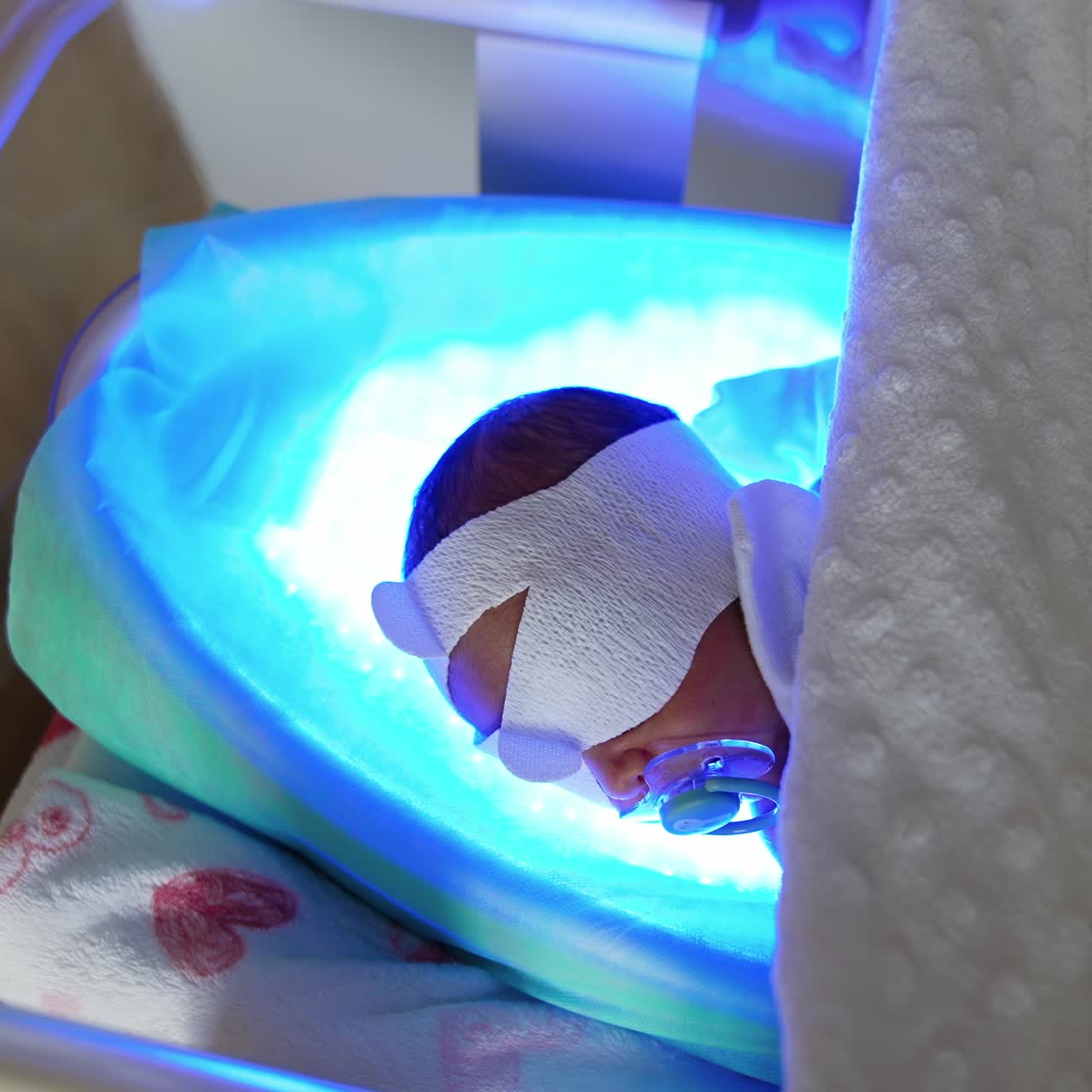 Jaundice treatment for newborns at maternity hospital. Little baby lies on the ultraviolet lamp