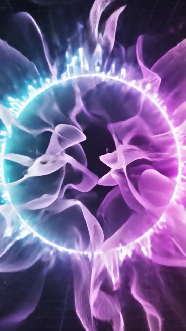 Visualizzazione audio circolare dinamica con bordi luminosi che passano dalla calma all'energia intensa in una scena con sfondo scuro.