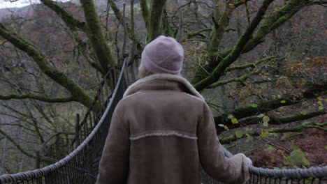 female walking across natural bridge on treehouse