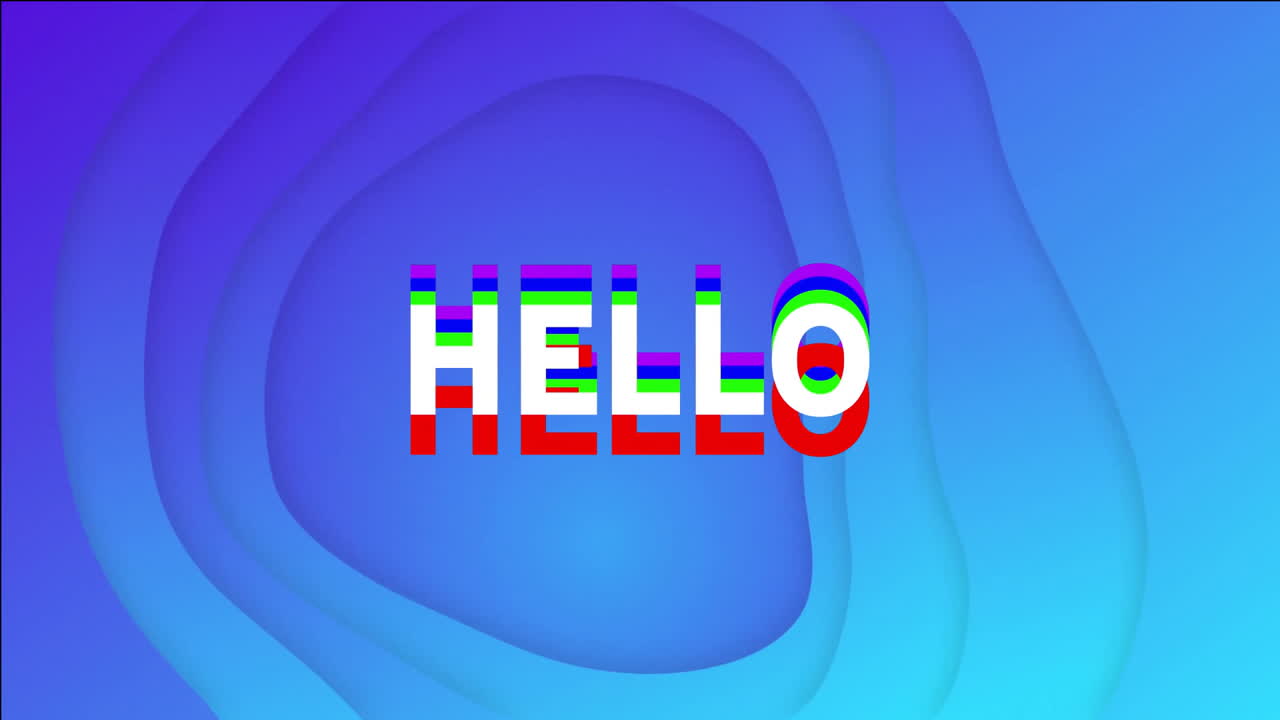 HELLO text animation over blue and purple abstract background