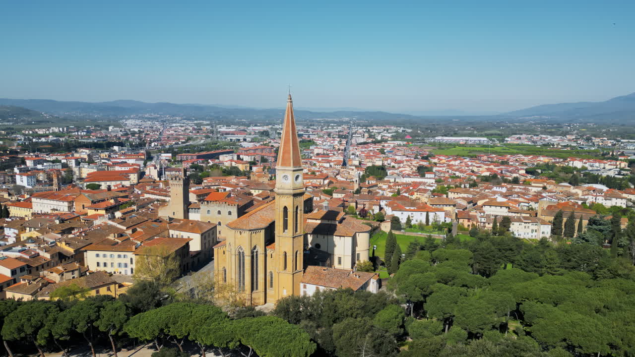 Aerial drone view of the Arezzo Cathedral, Roman Catholic cathedral in the city of Arezzo in Tuscany, Italy in daylight
