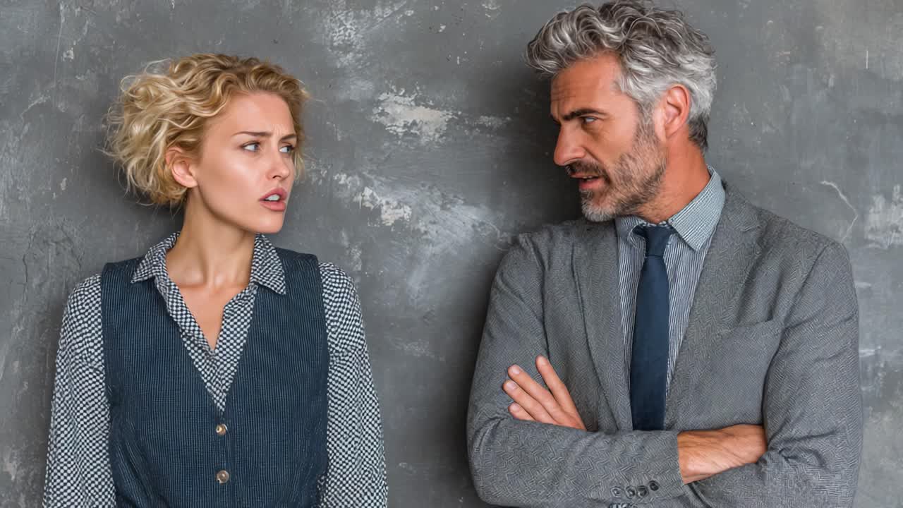 Conversazione coinvolgente tra due professionisti: espressioni intense di disaccordo e riflessione in un moderno ambiente d'ufficio