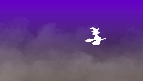 Halloween-animation-white-witch-flying-on-broomstick-over-foggy-gradient-background-purple-and-brown