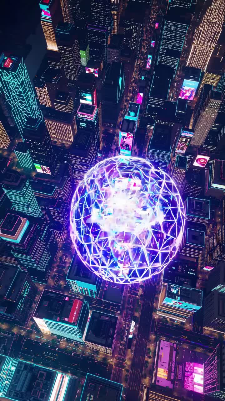 Vista aerea di un paesaggio urbano futuristico con luci al neon e una sovrapposizione di un globo digitale