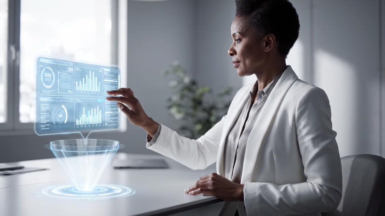 Professional Woman Engaged in Data Analysis with Holographic Graphics in Modern Office Setting